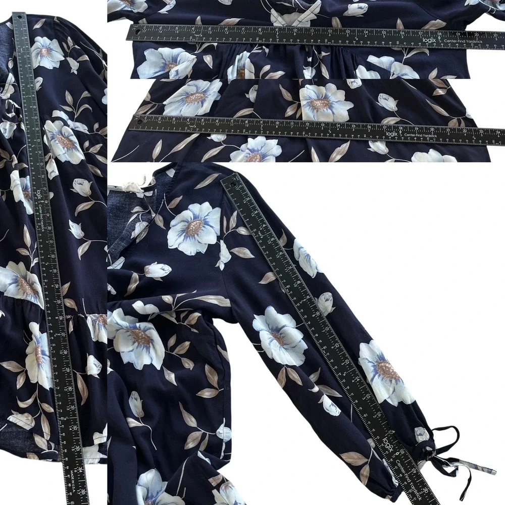 Entro Women L Navy Blue Floral Print 3/4 Tie Sleeve V Neck Ruffle Hem Dress Boho